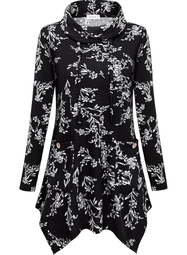 Amrto Pullover Damen Winter Blusen Tunika Turtleneck Große Größen mit Asymmetrischem Saum Langarm Shirts Tops Lange Sweatshirts Longpullover mit Taschen, Blumen Schwarz L von Amrto
