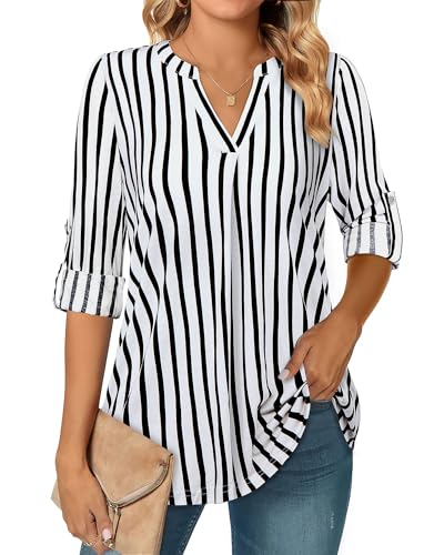 Amrto Schwarz Weiß Längsstreifen Bluse Damen Hemd Elegant Oversize Basic Tops Lässig 3/4 Arm V-Ausschnitt Oberteil, XXL von Amrto