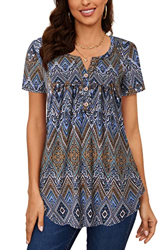 Amrto T-Shirt Damen V-Ausschnitt Tunika Tops Knöpfe Bluse Henley Kurzarm Shirts Sommer Oberteile(Boho Muster Diamant, Medium) von Amrto