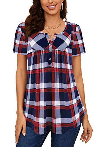 Amrto T-Shirt Damen V-Ausschnitt Tunika Tops Knöpfe Bluse Henley Kurzarm Shirts Sommer Oberteile(Rot Plaid, Medium) von Amrto