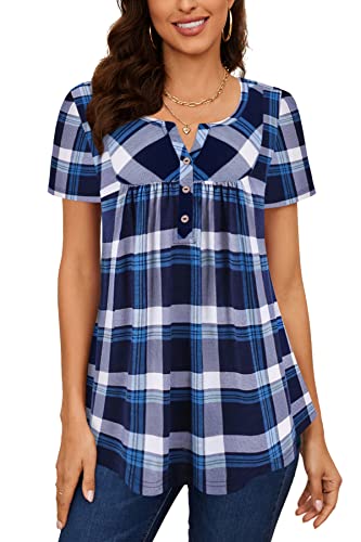 Amrto T-Shirt Damen V-Ausschnitt Tunika Tops Knöpfe Bluse Henley Kurzarm Shirts Sommer Oberteile,Blau Plaid Medium von Amrto