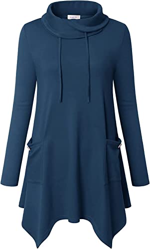 Amrto Tunika Damen Pullover für Damen Freizeit Langarmshirts Damen Bluse Turtleneck Damen Tunika mit Asymmetrische Saum Lange Hemd Loose Fit Oversize Pullover Tunika mit Taschen, Dunkler Blau XXL von Amrto