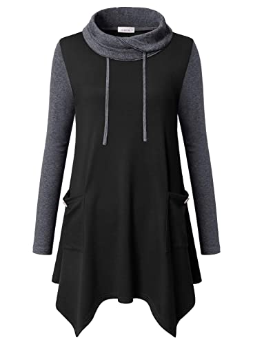 Amrto Tunika Damen Lässig Oversize Damen Bluse Turtleneck Damen Tunika Rollkragen Langarm Shirt mit Asymmetrische Saum Lange Hemd Loose Fit Pullover für Damen Tops, Schwarz & Grau XXXL von Amrto