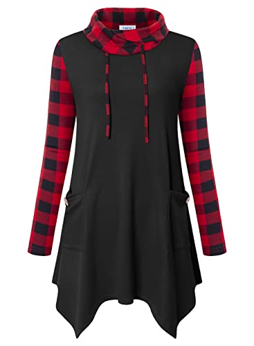 Amrto Karierte Bluse Damen Turtleneck Pullover Farbblock Langarmshirt Lange Flanell Pullover Weihnachtspullover Sweatshirt Tunika mit Taschen für Weihnachten, Schwarz & Rot XL von Amrto