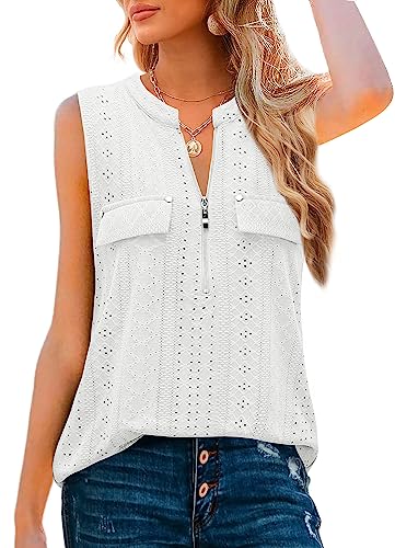Amrto Damen Tops, Casual V-Ausschnitt Ärmellose Bluse Oberteil mit Reißverschluss, Loose Einfarbige Tank Tops Tunika Longbluse, Weiß XL von Amrto