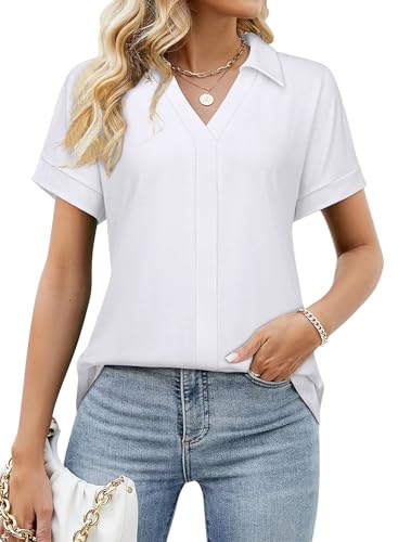 Amrto Weiße Bluse Damen Kurzarm Sommer Elegant Tunika Klassische Business Blusenshirt Lässig Hemd Shirt Damenblusen Modern, L von Amrto