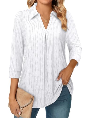 Amrto Weisse Blusen Damen Blusenshirt 3/4 Ärm Longbluse V-Ausschnitt Oberteile Spring Tunika, Weiß, M von Amrto