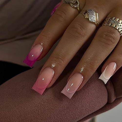 24 Stück lange Nägel zum Aufdrücken, French Fake Nails Full Cover Acryl Falsche Nägel Tips Sarg für Frauen und Mädchen Lange Press on Nails Acryl Nägel Glänzend Falsche Nägel Frauen Mädchen Nägel von Amsixo