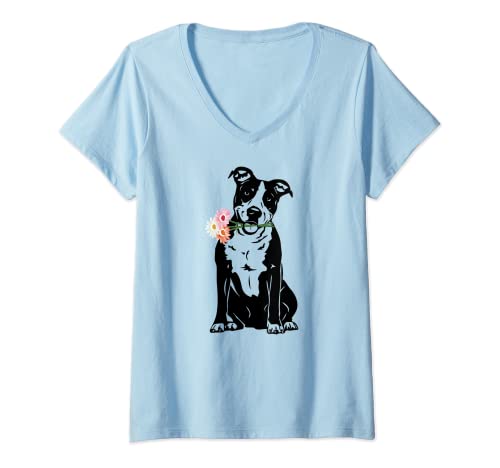 Damen American Staffordshire Terrier Blume amstaff T-Shirt mit V-Ausschnitt von Amstaff Mom Messy Bun Haarbrille