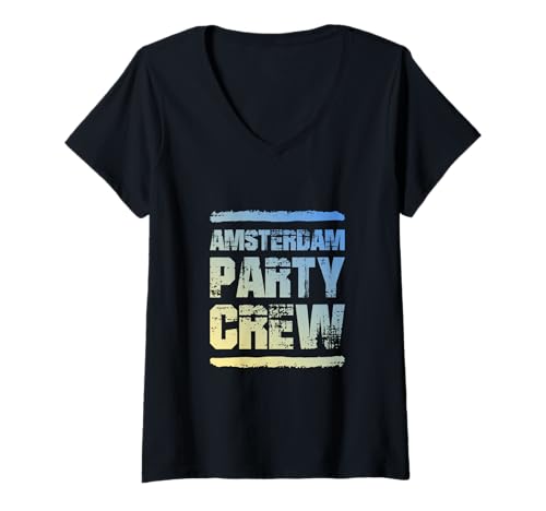 Damen Amsterdam Party Crew | Zitat des Urlaubsteams T-Shirt mit V-Ausschnitt von Amsterdam Party Mood Inc