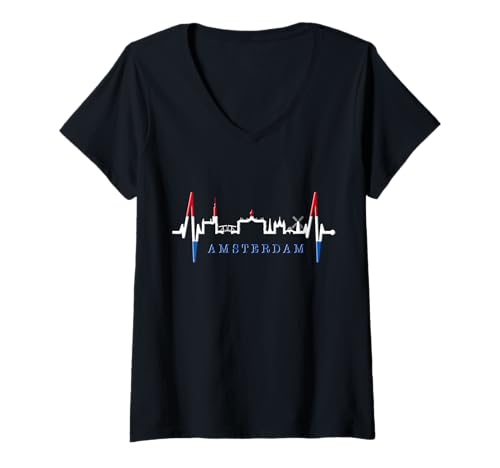 Damen Amsterdam Skyline Niederlande Herzschlag Fan I Love Holland T-Shirt mit V-Ausschnitt von Amsterdam Skylines für Holländer & Nederland Fans