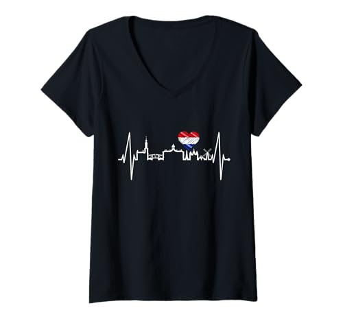 Damen Amsterdam Skyline Niederlande Herzschlag Fan I Love Holland T-Shirt mit V-Ausschnitt von Amsterdam Skylines für Holländer & Nederland Fans