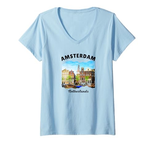 Damen Amsterdam - Niederlande/Holland - Amsterdam T-Shirt mit V-Ausschnitt von Amsterdam Souvenirs Store