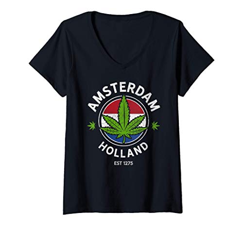 Damen Amsterdam Holland Marijuana Cannabis Weed Gift Est 1275 T-Shirt mit V-Ausschnitt von Amsterdam Weed Shirt Supply