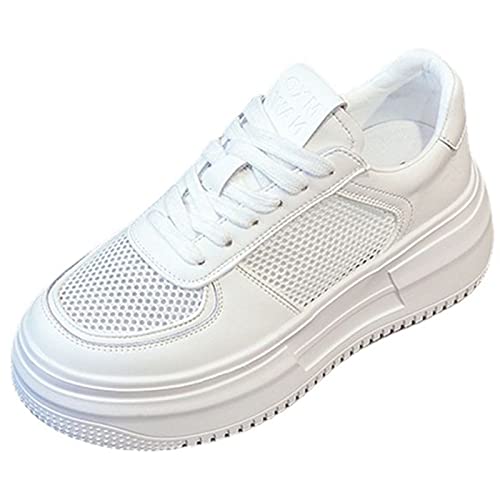 Amtopiyo Damen Echtes Leder Dicke Sohle Mesh Sneaker Casual Schnürschuhe Sportschuhe, Weiß, 7.5 von Amtopiyo