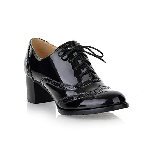 Amtopiyo Damen Mittel Blockabsatz Brogues Pumps Jahrgang PU Leder Schnürsenkel Oxfords Kleid Schuhe SH070 Schwarz EU39.5=CN40 von Amtopiyo