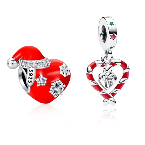 Amuefer 2 Stücke Charms für Armbänder 925 Sterling Silber mit Cubic Zirkonia Red Santa Hat & Heart Candy Cane Anhänger für Halsketten Geburtstag Weihnachten Schmuck Geschenke für Frauen Mädchen von Amuefer