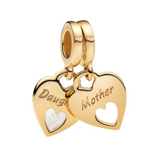 Amuefer Double Heart Split Dangle Gold Charms für Armbänder 925 Sterling Silber mit Cubic Zirkonia Anhänger für Halsketten Geburtstag Weihnachten Schmuck Geschenke für Frauen von Amuefer