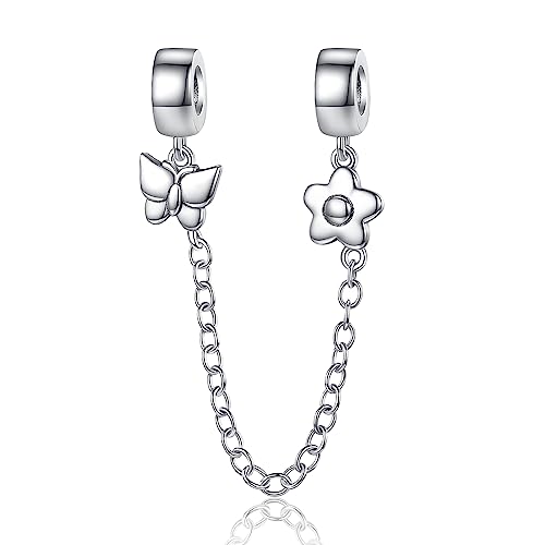 Amuefer Flowers and butterflies Safety Chains Charms für Armbänder 925 Sterling Silber mit Cubic Zirkonia Anhänger für Halsketten Geburtstag Weihnachten Schmuck Geschenke für Frauen von Amuefer