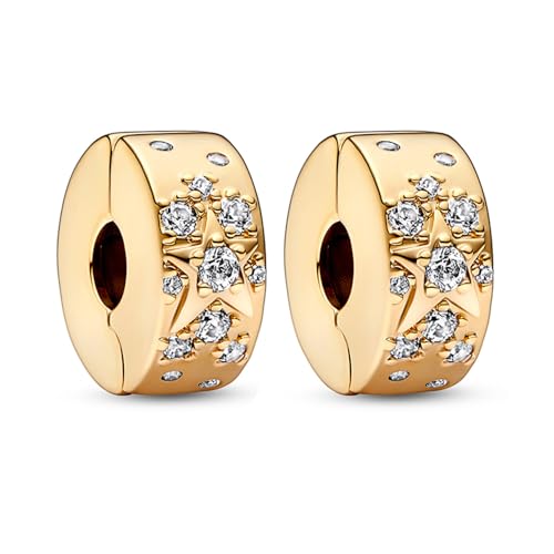 Amuefer Gold Star Clip Charms für Armbänder 925 Sterling Silber mit Cubic Zirkonia Stopper Geburtstag Weihnachten Schmuck Geschenke für Frauen Mädchen-2 Stücke von Amuefer