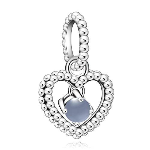 Amuefer March Beaded Heart Birthstone Charms Armbänder 925 Sterling Silber mit Cubic Zirkonia Bead für Halsketten Geburtstag Weihnachten Schmuck Geschenke für Frauen Mädchen von Amuefer