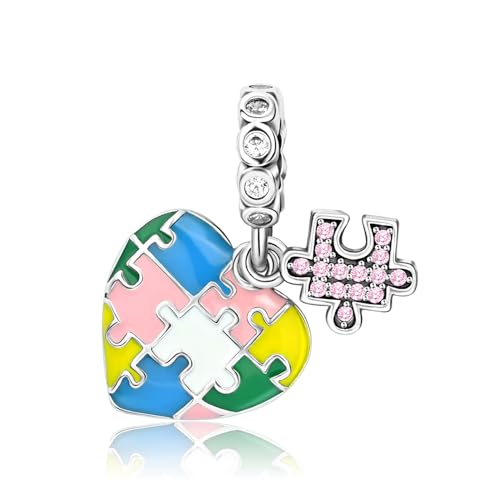 Amuefer Puzzle of Heart Dangle Charms für Bracelets Armbänder 925 Sterling Silber mit Cubic Zirkonia Anhänger für Muttertag Geburtstag Weihnachten Schmuck Geschenke für Frauen von Amuefer