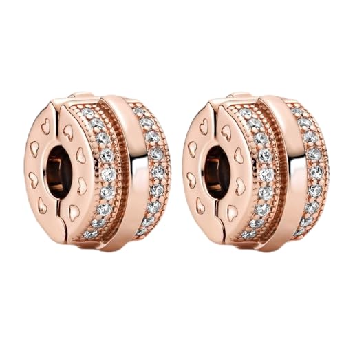 Amuefer Sparkling Pavé Lines Clip Rose Gold Charms für Armbänder 925 Sterling Silber mit Cubic Zirkonia Spacer Geburtstag Weihnachten Schmuck Geschenke für Frauen-2 Stücke von Amuefer