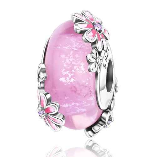 Amuefer Spring pink daisies Glass Charms Charms für Armbänder 925 Sterling Silber mit Cubic Zirkonia Anhänger für Halsketten Geburtstag Weihnachten Schmuck Geschenke für Frauen von Amuefer