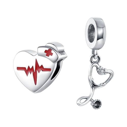 Amuefer Stethoscop & Nurse Heartbeating Charms für Armbänder 925 Sterling Silber Anhänger für Halsketten Geburtstag Weihnachten Schmuck Geschenke für Frauen-2 Stück von Amuefer