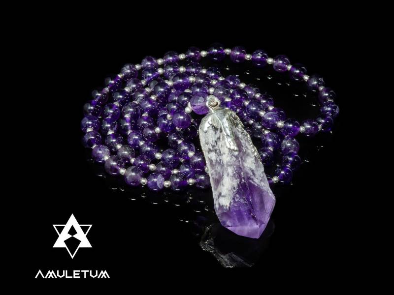 108 Amethyst Japa Mala Perlen Mit Natürlichem Crystal Point Guru Galvanisiert Sterling Silber-Geschenk Für Sie-Geschenk Ihn 108 Amethyst Japa Mala Perlen Mit Natürlichem Crystal Point Guru Galvanisiert Sterling Silber-Geschenk Für Sie-Geschenk Ihn von AmuletumJewels