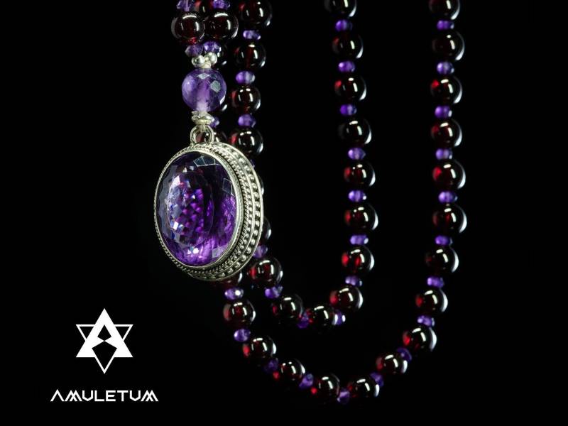 Granat Japa Mala Perlen Mit Facettierten Amethyst Guru in Sterling Silber-Edelstein Halskette-Geschenk Für Sie-Geschenk Ihn von AmuletumJewels