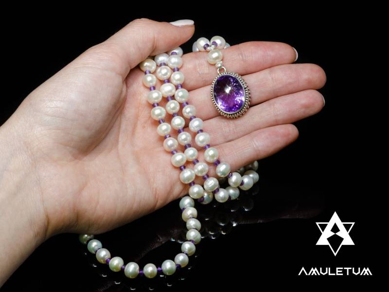 Süßwasserperlen 108 Mala Perlen Mit Facettierten Amethyst Guru in Sterling Silber Gefasst, Yogi Perlen, Yoga Kette, Meditation Anhänger, Edelsteine von AmuletumJewels