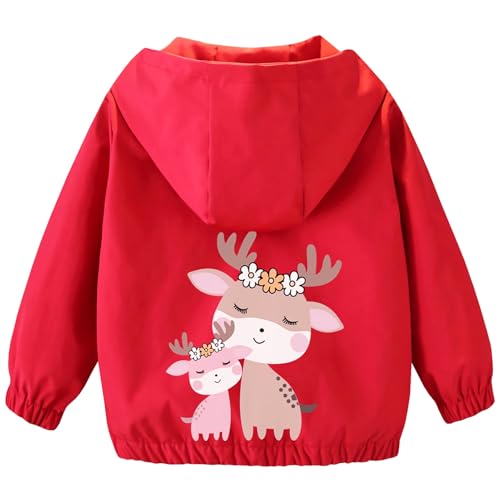 Amur Leoaprd Übergangsjacke Mädchen mit Kapuze Windjacke mit Cartoon-Print Kindermantel für Frühling Herbst, Rot, 92-98 (Etikettengröße: 100) von Amur Leopard
