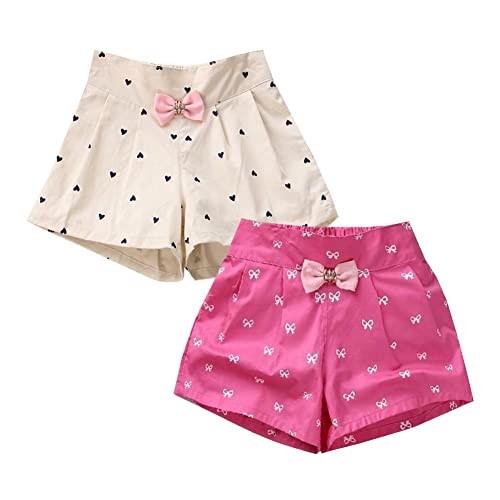Amur Leopard 2er-Pack Kinder Mädchen Shorts mit Kleiner Bogen Casual Sommer Mädchen Shorts Kurze Hose Baumwolle, Beige + Rosarot, 134-140 (Etikettgröße: 140) von Amur Leopard