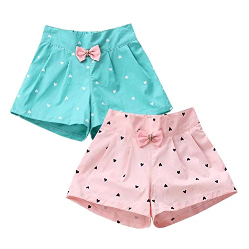 Amur Leopard 2er-Pack Kinder Mädchen Shorts mit Kleiner Bogen Casual Sommer Mädchen Shorts Kurze Hose Baumwolle, Grün + Rosa A, 92-98 (Etikettgröße: 100) von Amur Leopard