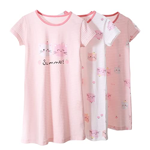 Amur Leopard 3er-Pack Mädchen Nachthemd Nachtwäsche Kinder Prinzessin Nachtkleid mit Cartoon Katze Druck Sleepwear Nightdress, Kurzarm 3 Stück, 116 (Etikettgröße:120) von Amur Leopard