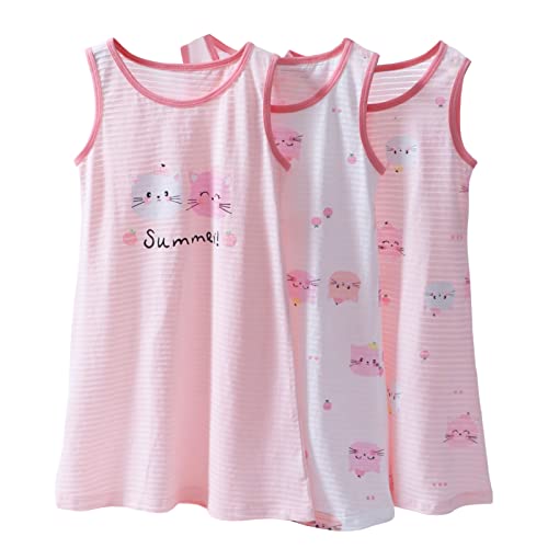 Amur Leopard 3er-Pack Mädchen Nachthemd Nachtwäsche Kinder Prinzessin Nachtkleid mit Cartoon Katze Druck Sleepwear Nightdress, Tanktop 3 Stück, 146 (Etikettgröße:150) von Amur Leopard