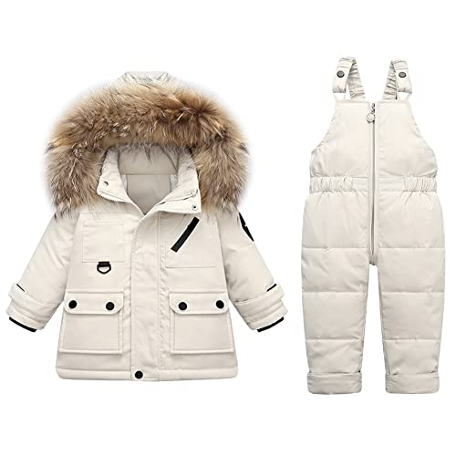 Amur Leopard Baby Kinder Schneeanzug Jungen Mädchen Daunenanzug Skianzug Winter Bekleidungsset 2tlg Verdickte Daunenjacke & Daunenhose, Beige, 104-110 von Amur Leopard