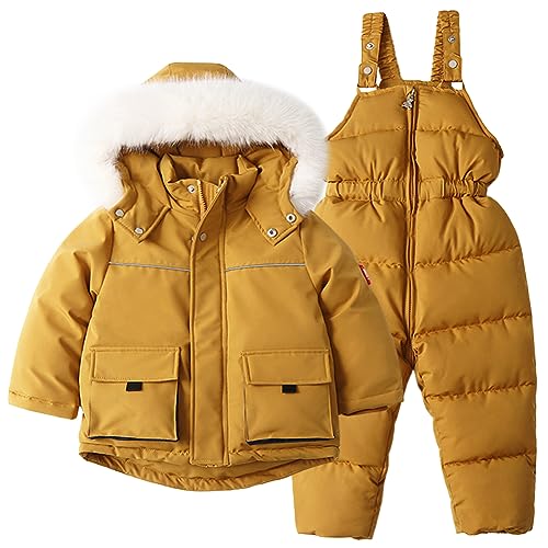 Amur Leopard Baby Kinder Schneeanzug mit Kapuze Jungen Mädchen Warm Winterjacke und Jumpsuit, Gelb, 92-98 von Amur Leopard