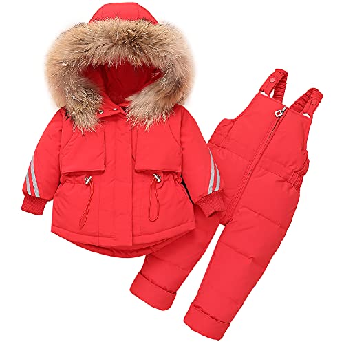 Amur Leopard Baby Schneeanzug Bekleidungsset 2tlg Daunenjacke mit Kapuze Winter Skianzüge Jungen Mädchen Warme Winterjacke Winterhose, Rot, 86 von Amur Leopard