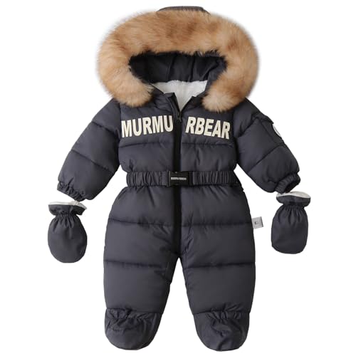 Amur Leopard Baby Winter Jumpsuit Overall mit Fellkapuze Jungen Mädchen Schneeanzüge mit Handschuhe Warm Strampler, Grau, 80/12-18 Monate von Amur Leopard
