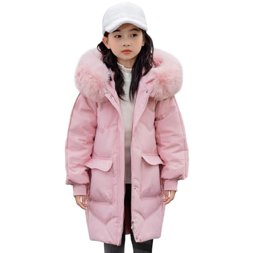 Amur Leopard Daunenjacke Kinder Mädchen Steppjacke mit Fellkapuze Mittellange Winterjacke Warme Wintermantel, Rosa A, 134-140 (Etikettengröße: 140) von Amur Leopard