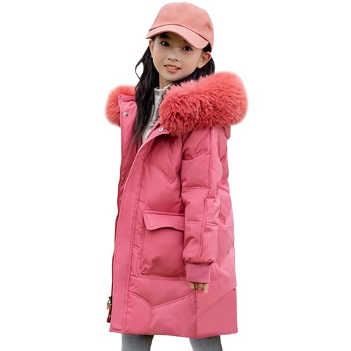 Amur Leopard Daunenjacke Kinder Mädchen Steppjacke mit Fellkapuze Mittellange Winterjacke Warme Wintermantel, Wassermelone Rot A, 122-128 (Etikettengröße: 130) von Amur Leopard