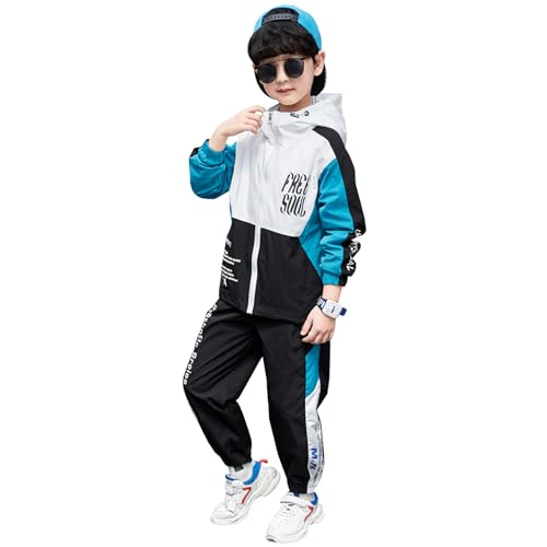 Amur Leopard Jungen Trainingsanzug Sportanzug Kinder Jogginganzug Sport-Set 2tlg Kapuzenjacke + Sporthose für Frühling und Herbst, Blau, 116 (Etikettengröße: 120) von Amur Leopard