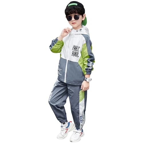 Amur Leopard Jungen Trainingsanzug Sportanzug Kinder Jogginganzug Sport-Set 2tlg Kapuzenjacke + Sporthose für Frühling und Herbst, Grün, 134-140 (Etikettengröße: 140) von Amur Leopard