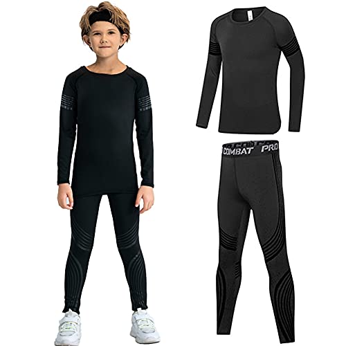 Amur Leopard Kinder Funktionswäsche Set Jungen Baselayer Set Skiunterwäsche Mädchen Thermounterwäsche Atmungsaktiv schnelltrocknend Sportunterwäsche, Schwarz, 116 von Amur Leopard