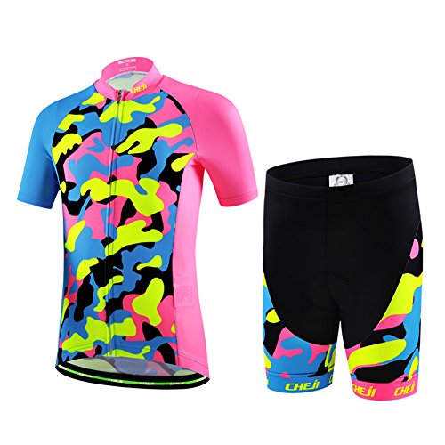 Amur Leopard Kinder Jungen Fahrrad Trikot Set Mädchen Radtrikot Radhose mit Sitzpolster Atmungsaktiv Anzug Radsport Bekleidung, Tarnung rosa, 146(Herstellergröße: XXL) von Amur Leopard