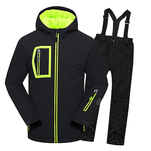 Amur Leopard Kinder Jungen Skianzug Winddicht Wasserdicht Schneeanzüge 2tlg Skijacke mit Kapuze + Skihose Verdickte Skianzüge, Schwarz + Schwarz, 116/122 von Amur Leopard