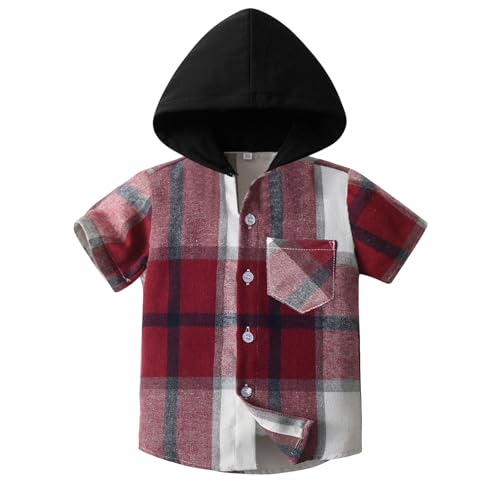 Amur Leopard Kinder Kariertem Hemd mit Kapuze Jungen Kurzärmelige Übergangsjacke Mädchen Outdoorjacke für Sommer, Rot, 116 (Etikettengröße: 120) von Amur Leopard