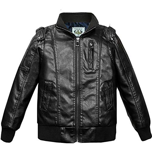 Amur Leopard Kinder Lederjacke Jungen Übergangsjacke Mädchen Frühling Herbst Motorrad Mantel Motorradjacke Kunstleder Bikerjacke, Schwarz-Dünn, 152-158 von Amur Leopard